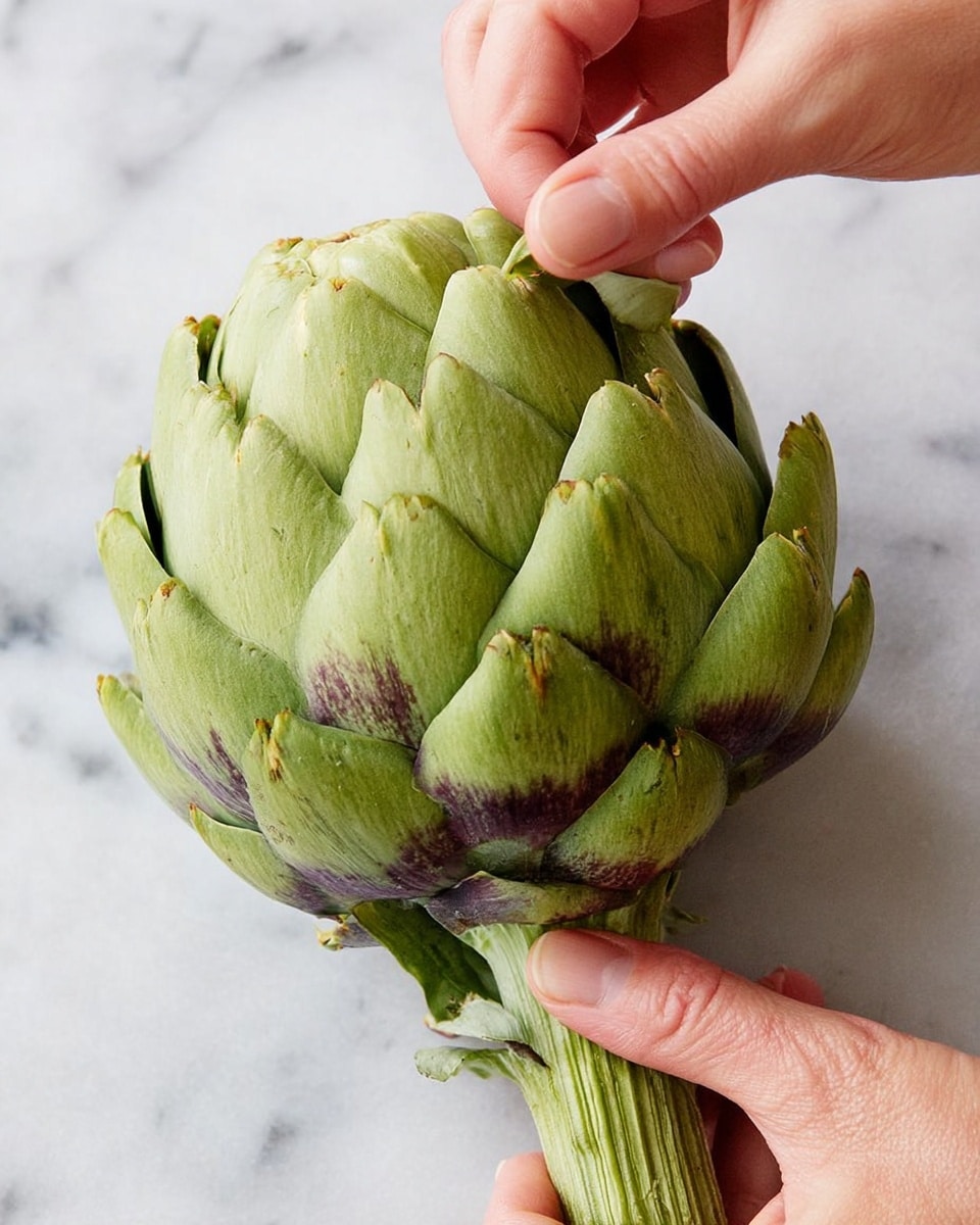 The image shows a close-up of a green artichoke with layered, thick green leaves that have a slightly rough texture; a woman's hand is holding the artichoke by its stem on a white marbled surface background. The artichoke appears fresh and firm with some purple hints near the base of the leaves where they meet the stem. The woman's hands are gently pulling a small leaf from the stem, showing detail in the skin and nail texture. Photo taken with an iphone --ar 4:5 --v 7