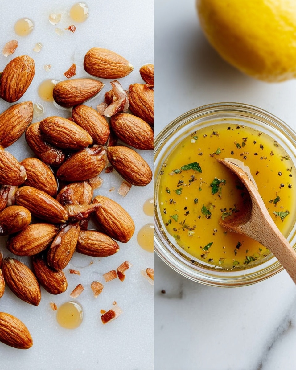 The left side shows a close-up of whole roasted almonds arranged loosely on a white marbled surface, with some almonds having small nut pieces and droplets of a dark sticky sauce around them; the almonds have a shiny, slightly oily brown texture. The right side shows a clear glass bowl filled with golden-yellow dressing, lightly speckled with green herb leaves and black pepper; a small wooden spoon with a rounded handle rests inside the bowl, partially dipped in the dressing. The background on both sides is a white marbled texture, and part of a bright yellow lemon is visible at the top edge of the right side. Photo taken with an iphone --ar 4:5 --v 7