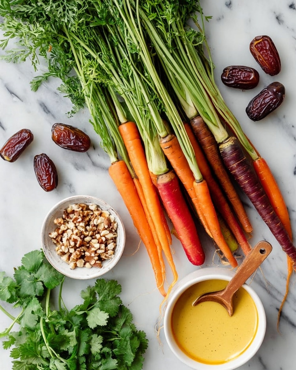 The image shows a bunch of colorful carrots with green tops lying on a white marbled surface. To the left of the carrots, there are three brown dates and a small white bowl filled with chopped nuts. Below the bowl is a round white bowl with a creamy yellow sauce and a small wooden spoon resting in it. Fresh green cilantro leaves are also visible in the bottom left corner, adding more green color to the scene. photo taken with an iphone --ar 4:5 --v 7