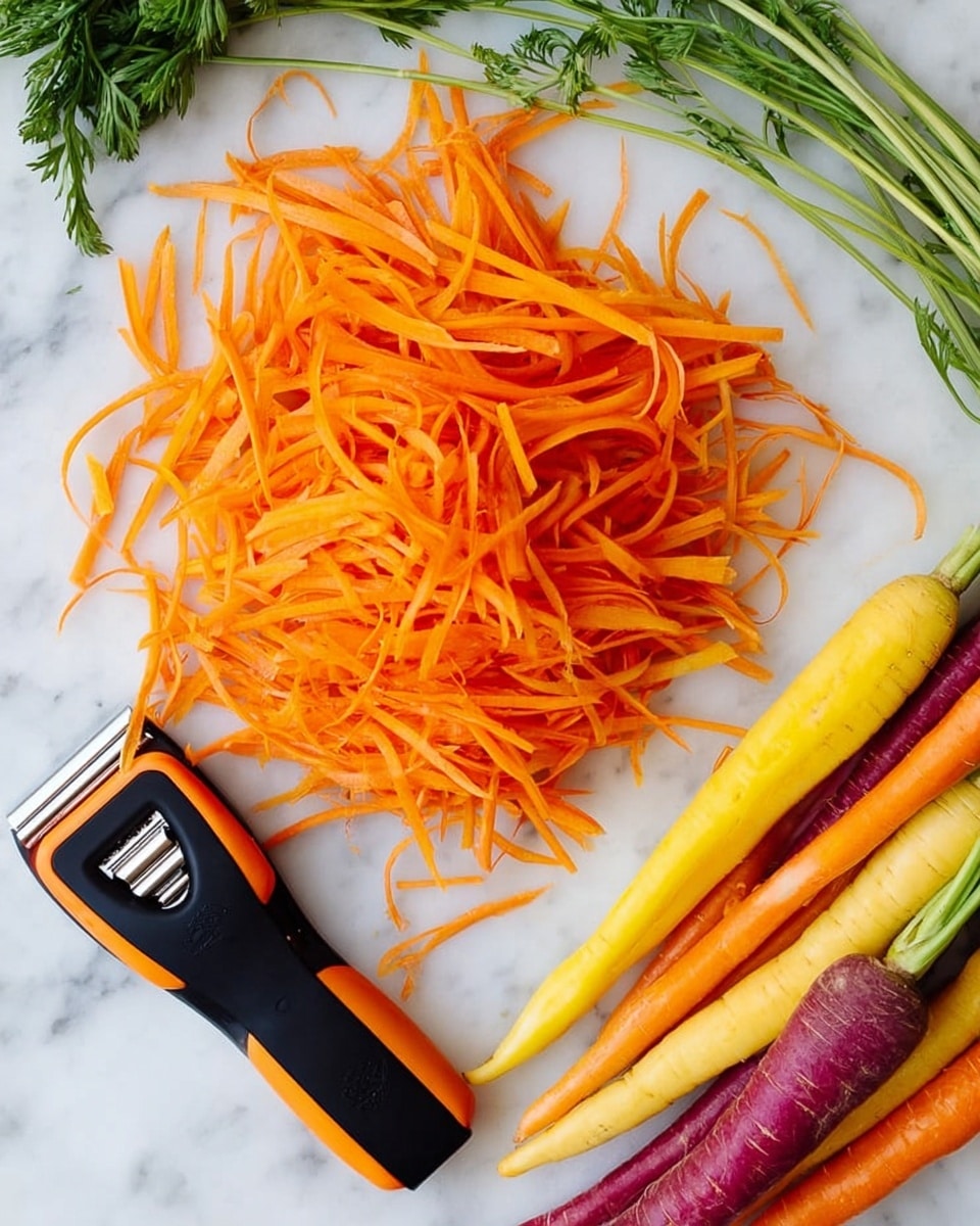 The image shows a pile of thin, bright orange carrot strips spread on a white marbled surface, looking fresh and crisp. To the right side of the pile, there are whole carrots in different colors including orange, yellow, and purple, arranged parallel with green tops still attached. Near the carrot strips on the left side, a black and orange vegetable peeler lies flat on the surface. Some green carrot leaves are visible on the upper left corner, adding a touch of green to the scene. The photo taken with an iphone --ar 4:5 --v 7