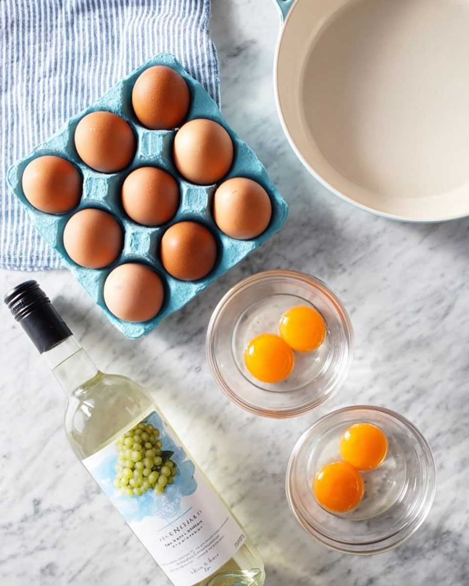 The image shows a white pan with a smooth inside surface positioned at the top right on a white marbled countertop. Below it are two clear glass bowls, each holding a cracked egg with bright orange yolks and clear whites, placed side by side. To the left of the bowls is a light blue egg tray holding eight brown eggs arranged in two rows. At the bottom left is a transparent bottle with a white label featuring green grapes and black text. In the top left corner, there is a folded blue and white striped cloth napkin. The whole scene is set on a white marbled surface. photo taken with an iphone --ar 4:5 --v 7