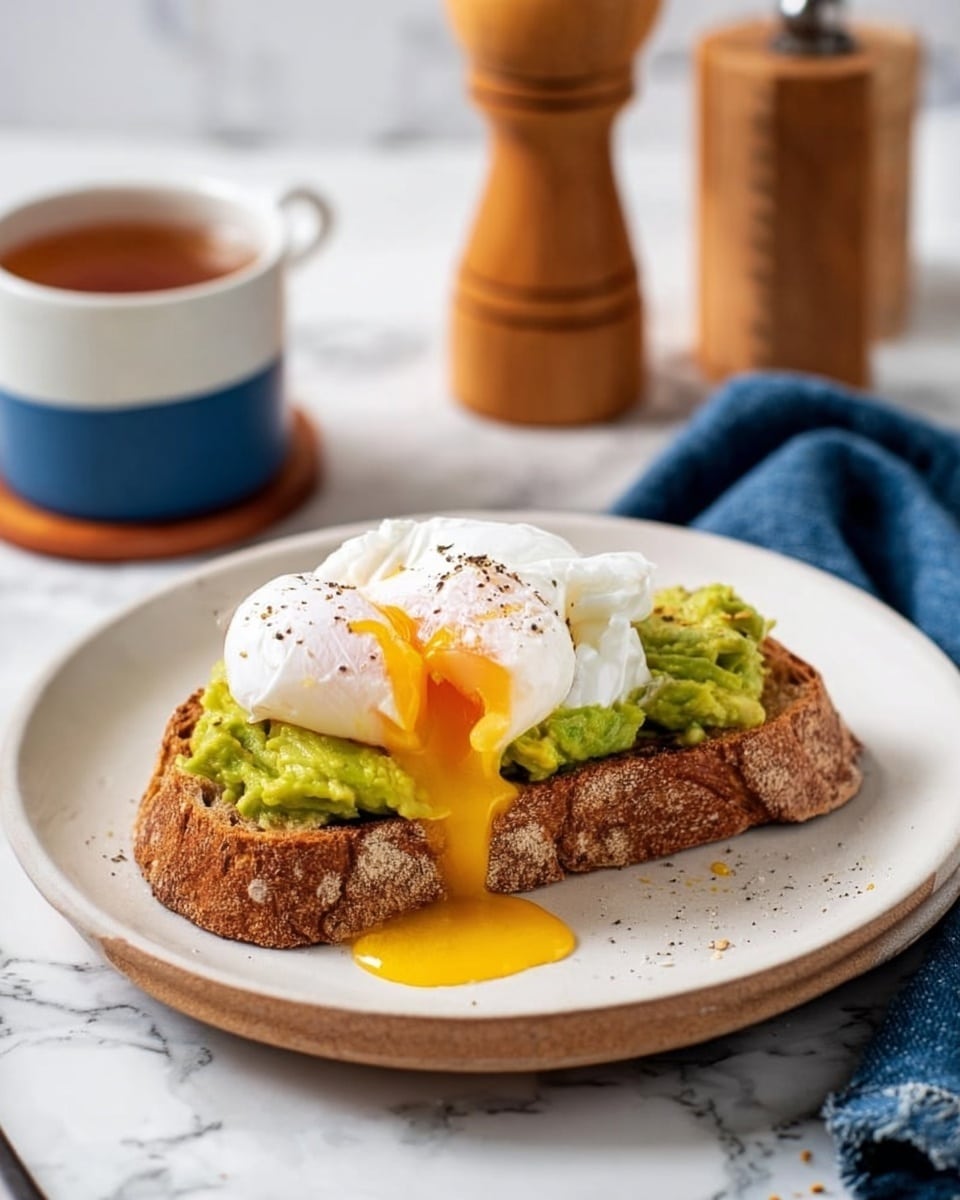A white plate holds one thick slice of toasted brown bread with a crispy crust, topped with a layer of mashed green avocado, unevenly spread. On top of the avocado is a soft white poached egg, with its yolk broken and flowing down the side of the toast in a rich golden yellow stream. The egg white looks smooth and slightly glossy with a few specks of black pepper sprinkled over it. In the background is a wooden pepper grinder, a white cup with a blue rim filled with tea or coffee, and a blue cloth on a white marbled surface. Photo taken with an iphone --ar 4:5 --v 7