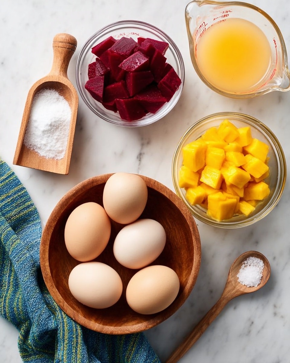 A white marbled surface holds five light brown eggs in a round wooden bowl near the center bottom of the image. To the left, a blue cloth with green stripes lies partially folded underneath a small wooden scoop filled with white granulated sugar. Above the eggs, a clear glass bowl contains bright red beet cubes, while to the right, another clear glass bowl holds small yellow mango cubes. Near the top right, a clear glass measuring cup filled with light orange liquid sits next to a small wooden spoon with white salt inside. The overall scene is bright and neatly arranged, photo taken with an iphone --ar 4:5 --v 7