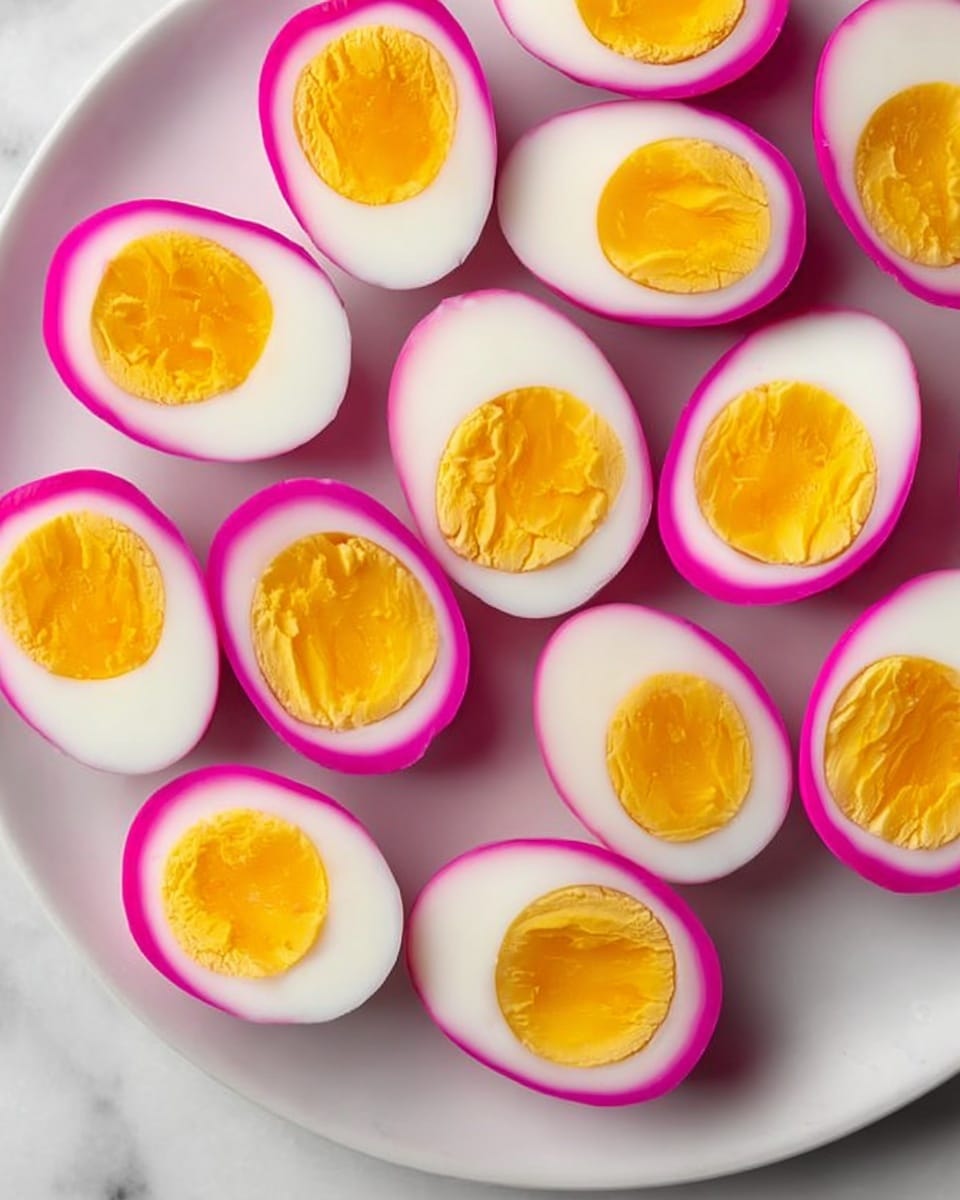 The image shows a white plate with several halved eggs neatly arranged across its surface. Each egg has three clear layers: the bright yellow yolk in the center, a solid white egg white layer surrounding the yolk, and a vibrant pink outer layer that adds a striking color contrast. The eggs are positioned with no particular pattern, displayed against a white marbled background that enhances the colors and details of the eggs. photo taken with an iphone --ar 4:5 --v 7