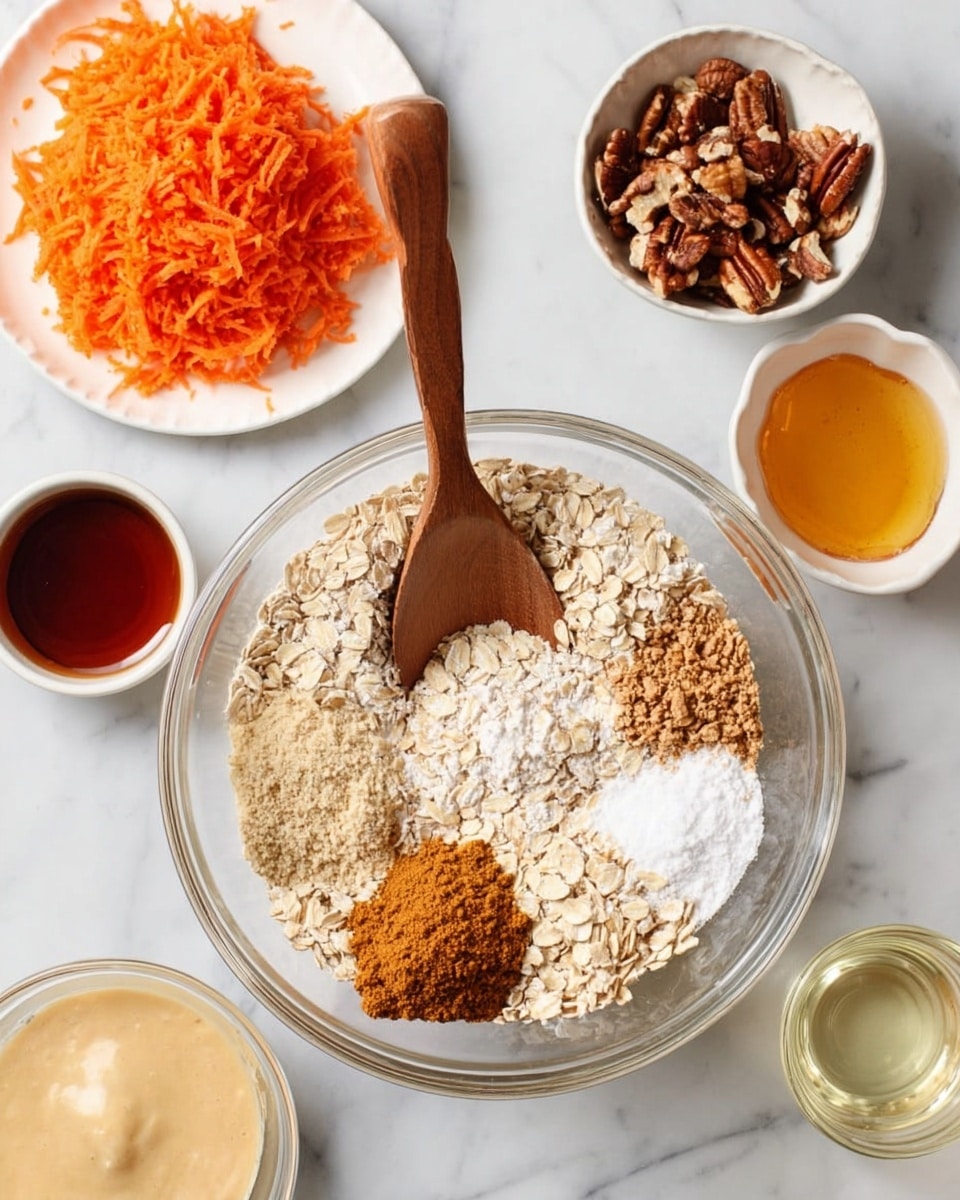 A clear glass bowl in the center shows several dry ingredients in separate sections: light beige rolled oats, a light tan powder, a white powder, white granules, a cinnamon brown powder, and a smaller pile of beige flakes at the bottom; a wooden spoon rests inside the bowl standing upright. Around the bowl are small white bowls and containers with different wet and dry ingredients: shredded bright orange carrot on a white plate at the top, chopped pecans in a clear small bowl on the right, a golden honey-colored liquid in a white bowl near the pecans, a clear light liquid in a glass bowl near the bottom right, a beige creamy mixture in a glass bowl at the bottom left, and a dark amber liquid in a clear bowl on the left. All items are placed on a white marbled surface. photo taken with an iphone --ar 4:5 --v 7