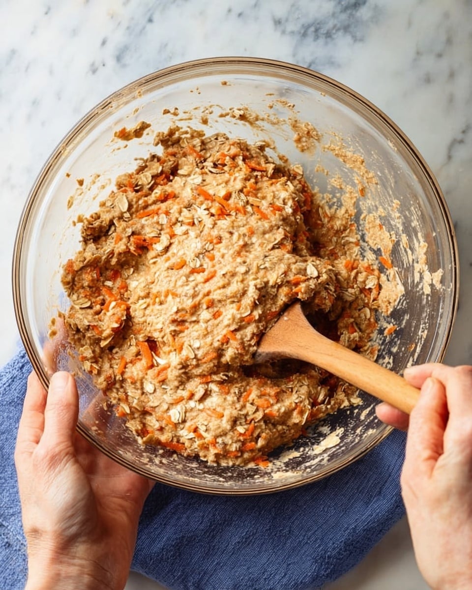 A clear glass bowl holds a thick mixture of oatmeal and small orange carrot pieces, with a dense, wet texture. The mixture is beige with visible flakes and bits throughout, sitting mostly on one side of the bowl. A wooden spatula with a light brown handle is stirring the mixture, held by two woman's hands at the bottom of the image. The bowl rests on a blue cloth, all set against a white marbled surface. photo taken with an iphone --ar 4:5 --v 7