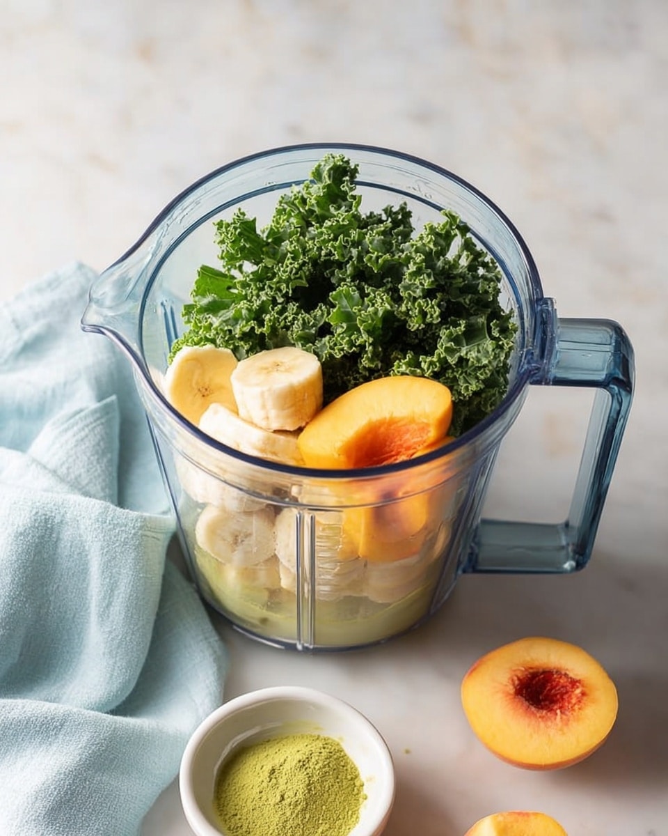 A clear blender container sits on a white marbled surface, filled with three main layers of ingredients: at the bottom, pale yellow frozen banana slices; on the right, bright orange peach slices; and on the left and center, fresh dark green kale leaves with curly edges. A small white bowl with bright green powder is placed just below the blender. A light blue cloth is softly draped in the background. Photo taken with an iphone --ar 4:5 --v 7