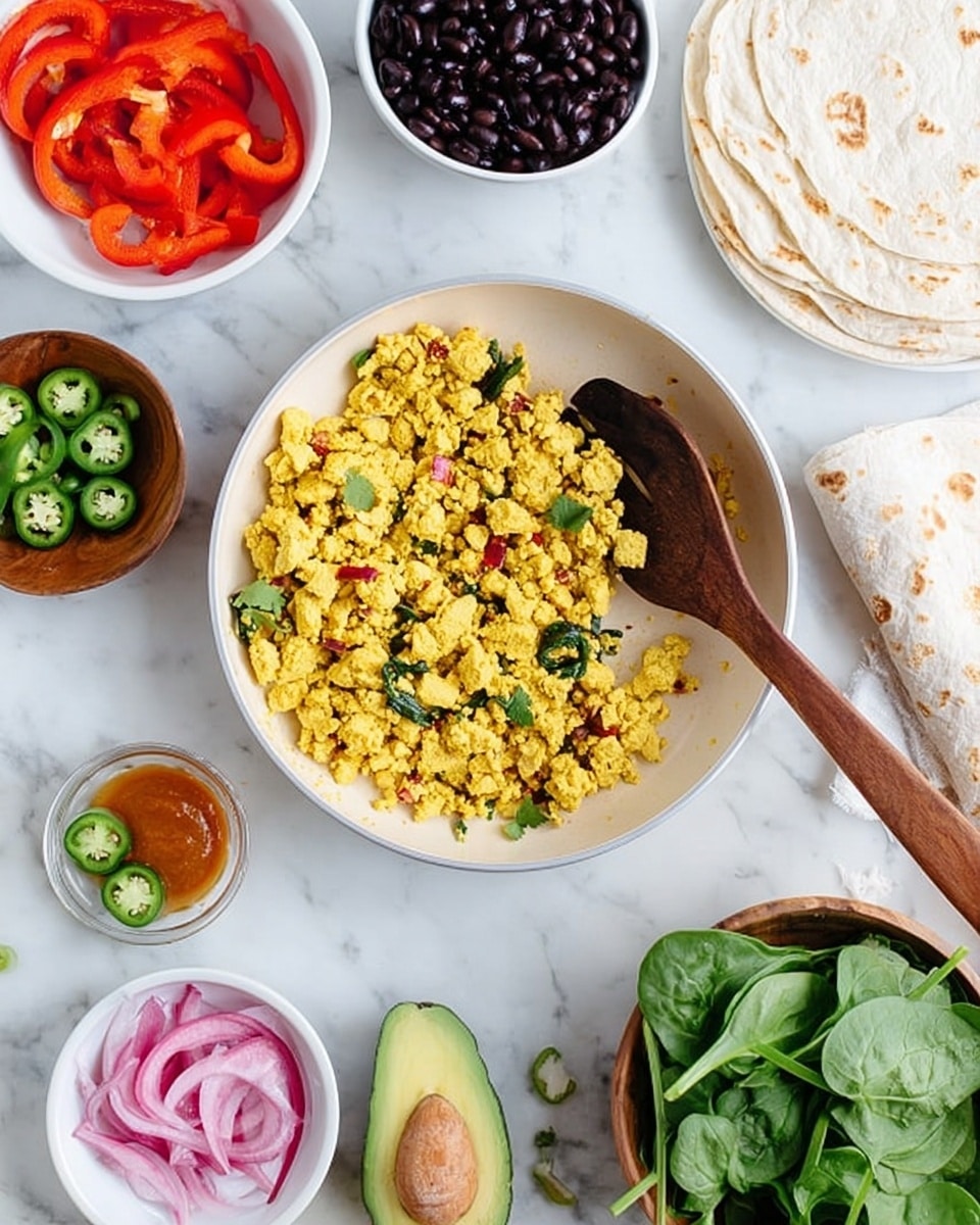 A top view image showing a white pan filled with yellow scrambled tofu mixed with small green and red bits, a wooden spatula resting inside the pan. Surrounding the pan on a white marbled surface are multiple white bowls and plates: one with sliced red bell peppers, one with fresh green spinach leaves, one with sliced pickled red onions, and a clear bowl filled with black beans. Nearby are a small wooden bowl with sliced green jalapeño peppers, a small wooden bowl with a reddish-brown sauce and a wooden spoon, a whole avocado, and folded white tortillas with light brown spots on the edges. A woman's hand is not visible in this composition. photo taken with an iphone --ar 4:5 --v 7