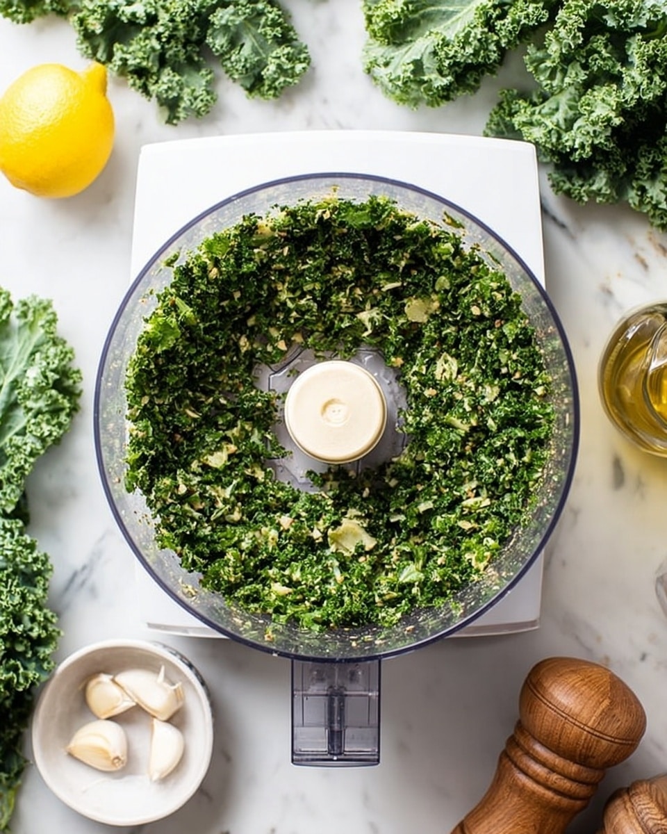 A clear food processor bowl sits top-down on a white marbled surface, filled with a chopped mixture of dark green kale and small bits of lighter green stems, giving a rough but even texture. Surrounding the processor are whole kale leaves with ruffled edges and a bright yellow lemon on the left. In the bottom left corner is a clove of garlic with white skin and a small round white dish holding a golden measuring spoon. On the right side, a clear glass bottle of oil and a wooden pepper grinder are placed near more kale leaves. The whole scene is bright and clean, with fresh green and yellow colors standing out. photo taken with an iphone --ar 4:5 --v 7