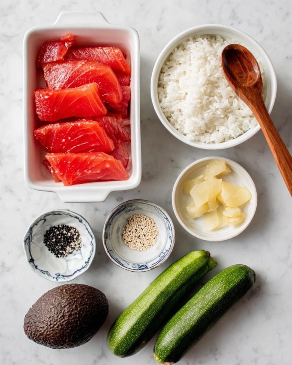 The image shows a white rectangular dish filled with neatly arranged layers of bright red sliced fish, showing smooth and shiny texture with slight gloss. To the right, there is a white bowl filled with fluffy white rice, and a wooden spoon resting inside. Below the bowl, two long green zucchinis lie side by side with smooth skin. On the bottom left, a whole dark brown avocado sits with rough textured skin. Next to it, a small white dish with a blue pattern holds black and white sesame seeds scattered inside. On the bottom right, a small white bowl contains thin slices of pale yellow pickled ginger with a soft, slightly translucent look. All items rest on a white marbled surface photo taken with an iphone --ar 4:5 --v 7