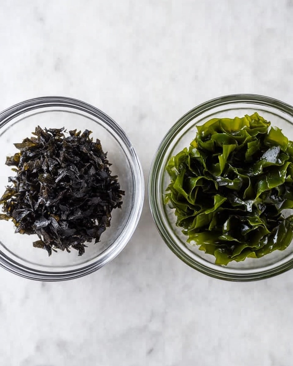 The image shows two clear glass bowls on a white marbled surface. The bowl on the left holds dry dark black seaweed pieces that appear small and slightly curled with a rough texture. The bowl on the right contains the same seaweed, now soaked and expanded, showing a shiny, wet, and dark green color with soft, wavy layers that fill the bowl more fully than the left one. Both bowls are simple and round, with the focus on the texture and color change of the seaweed. photo taken with an iphone --ar 4:5 --v 7