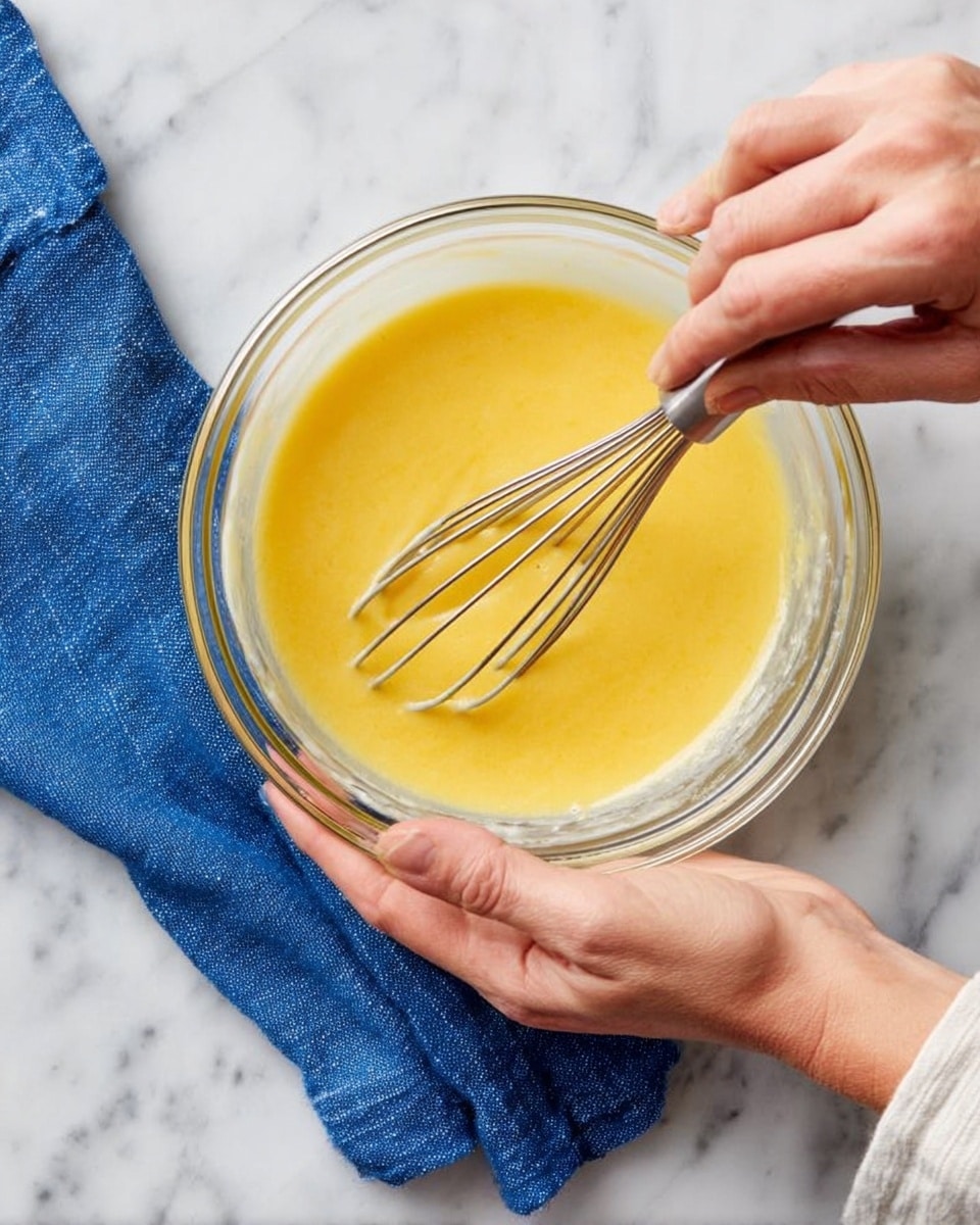 A clear glass bowl is shown from above, containing a smooth yellow mixture being stirred with a metal whisk. The bowl is held by a woman's hand at the side, while another woman's hand is moving the whisk inside the bowl. The bowl is placed on a white marbled surface with a blue cloth to the left side. The yellow mixture looks thick and evenly blended. photo taken with an iphone --ar 4:5 --v 7