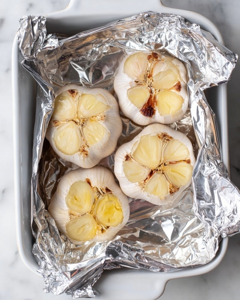 The image shows four garlic bulbs cut open at the top, placed inside a white baking dish lined with shiny aluminum foil. The garlic cloves inside the bulbs have a pale yellow color with a soft texture, some showing light brown edges. The baking dish is set on a white marbled texture surface. The overall look is bright and clean, focusing on the raw garlic ready for roasting or cooking photo taken with an iphone --ar 4:5 --v 7