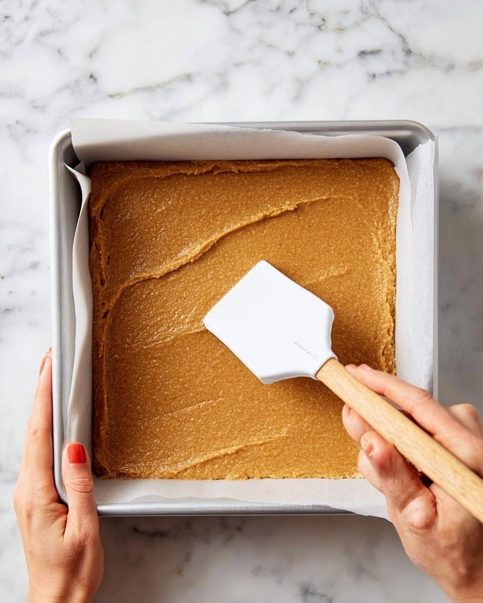 A close-up view of a square metal baking pan lined with white parchment paper on a white marbled surface. Inside the pan is a thick layer of evenly spread, smooth, light brown dough with a soft texture. A woman's hand is holding the edge of the pan steady while another woman's hand uses a white spatula with a wooden handle to smooth the dough in broad, even strokes across the surface. The edges of the dough touch the sides of the pan, showing a neatly filled layer ready for baking. photo taken with an iphone --ar 4:5 --v 7