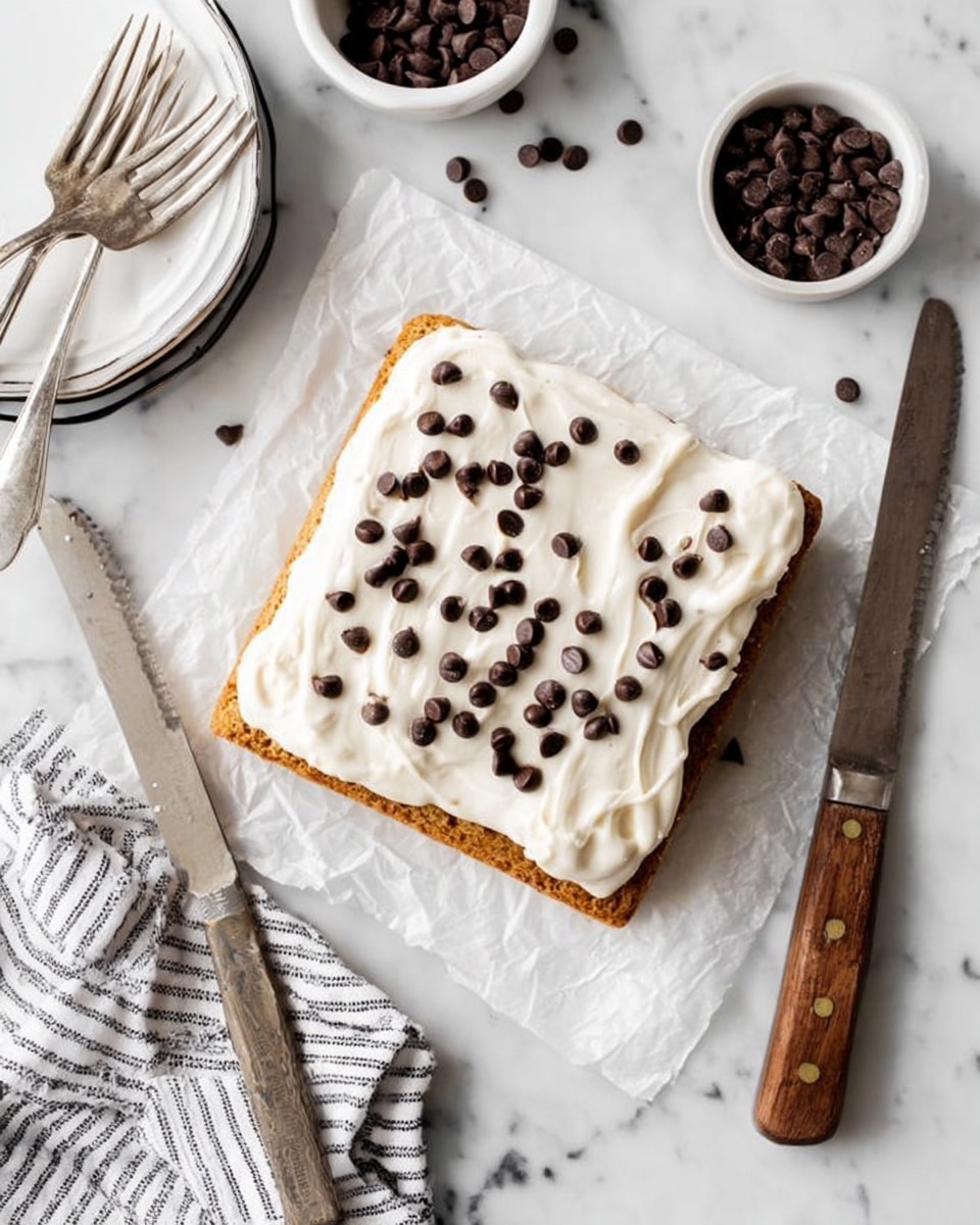 A square piece of cake with one layer of light brown sponge at the bottom, topped with a thick layer of smooth white frosting that is spread unevenly, and scattered with small dark chocolate chips on top. The cake is placed on white parchment paper on a white marbled surface. Around the cake are two metal forks, a large knife with a wooden handle, a small white bowl with more chocolate chips, and a white plate with a black rim holding two forks. A striped cloth is also partially visible in the lower left corner. photo taken with an iphone --ar 4:5 --v 7