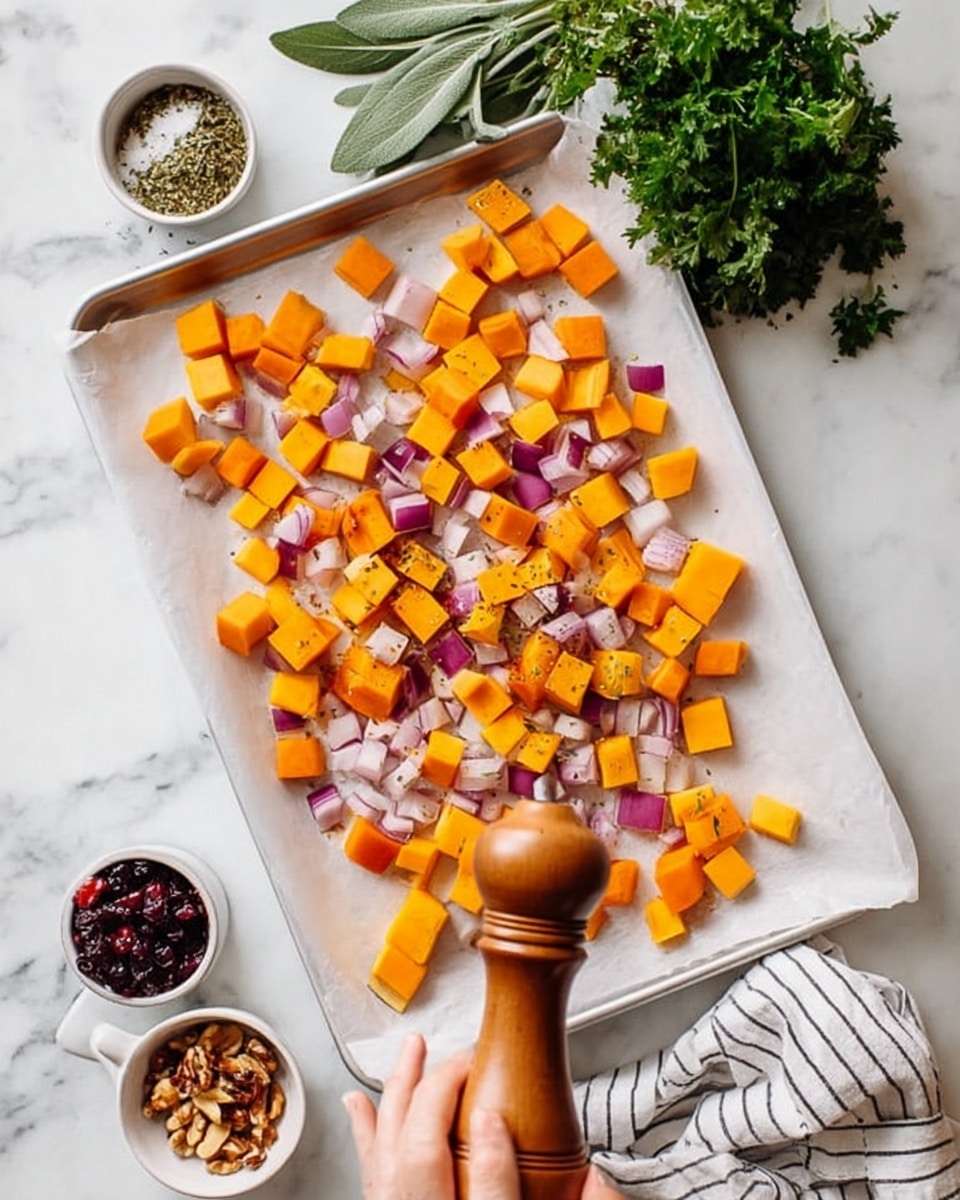 The image shows a close-up of a white baking tray lined with white paper, filled with two layers of chopped vegetables: bright orange cubes of squash and light purple chunks of onion mixed roughly together. A woman's hand is holding a wooden pepper grinder just above the vegetables, adding seasoning. Around the tray on a white marbled surface, there are small white bowls with nuts and dried cranberries, fresh green herbs like parsley and sage, and a white and black striped cloth napkin. The scene is bright and fresh with natural light. photo taken with an iphone --ar 4:5 --v 7