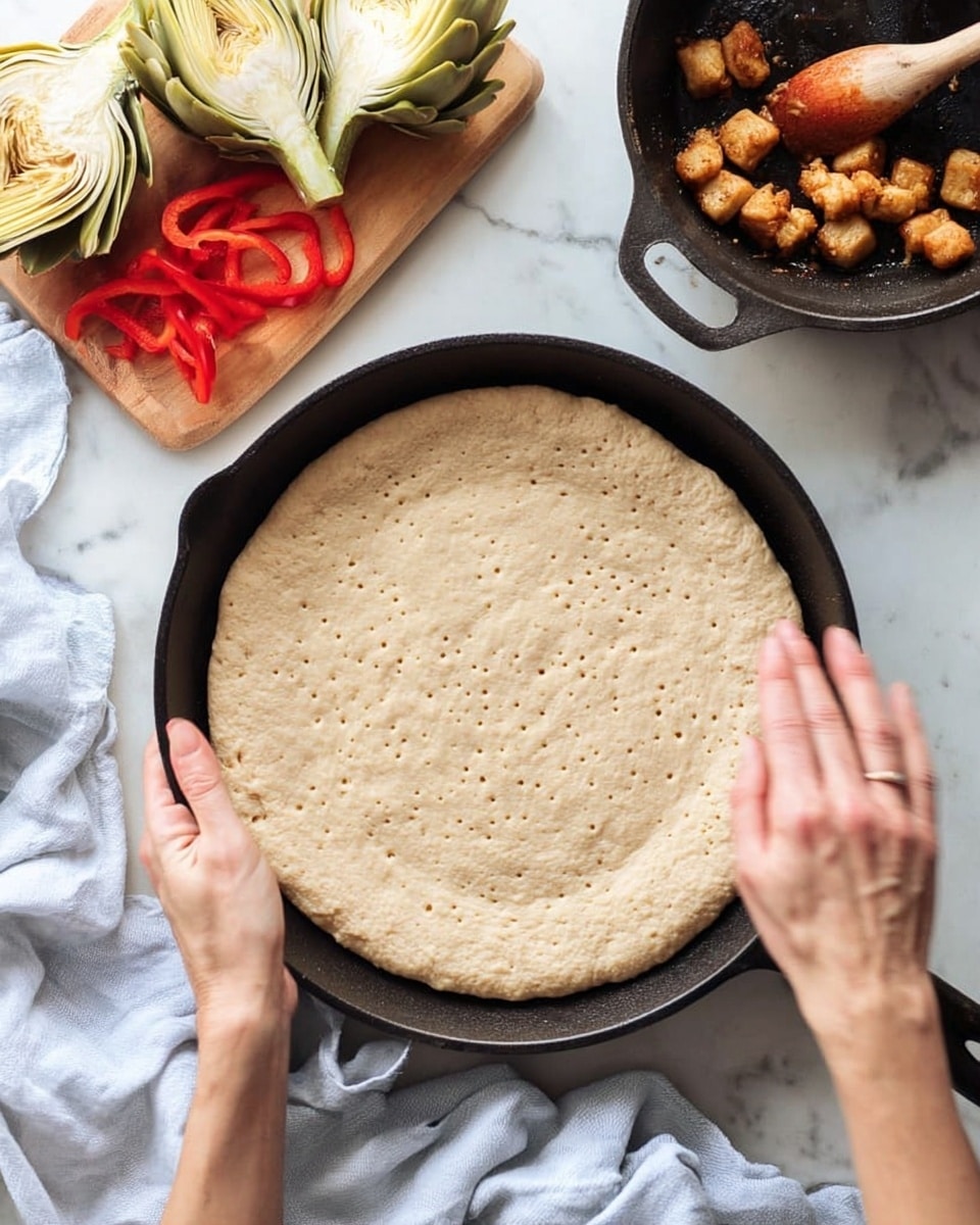 A cast iron pan holds a thick, round dough layer being pressed flat by two woman's hands, showing a beige, slightly textured surface with small holes poked evenly across the center. Nearby, a black skillet contains small browned food pieces with a wooden spatula resting inside. To the left, a light wooden board displays three pale yellow artichoke hearts and several bright red slices of red pepper. All items are placed on a white marbled surface with a crumpled white cloth and a light blue cloth adding soft textures in the background. Photo taken with an iphone --ar 4:5 --v 7
