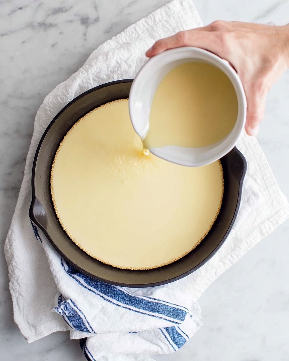 A dark round pan holds a smooth, light yellow liquid being poured from a small white bowl by a woman's hand from the top right corner of the image. The liquid forms an even, flat layer inside the pan with a glossy texture. The pan rests on a white marbled surface with a white cloth featuring blue stripes underneath it. Photo taken with an iphone --ar 4:5 --v 7
