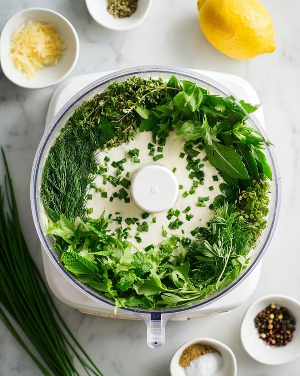 The image shows a white food processor on a white marbled surface filled about halfway with many fresh green herbs arranged in a ring along the edges. The herbs are bright green with varying shapes and textures, including flat, feathery, and spiky leaves. In the center, there is a creamy white base with small green pieces sprinkled on top, possibly chopped chives. Around the food processor, there are small white bowls with coarse salt, lemon zest, and whole peppercorns, along with a whole yellow lemon placed on the surface. Photo taken with an iphone --ar 4:5 --v 7