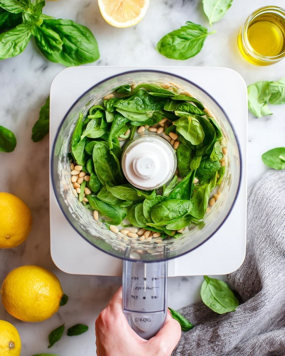 Top view of a white food processor filled with bright green spinach leaves on top, surrounded by small beige pine nuts and a creamy-colored mixture at the bottom. The processor is on a white marbled surface with scattered fresh basil leaves and two whole yellow lemons, one sliced in half. A small glass container with golden olive oil is placed nearby. A woman's hand is holding the processor handle at the bottom right corner. There is a gray fabric cloth on the right side. photo taken with an iphone --ar 4:5 --v 7