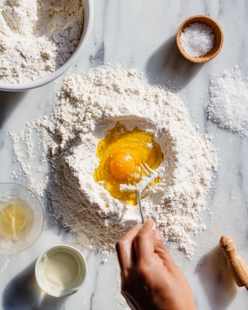 A white marbled surface holds a mound of white flour with an indentation in the center filled with yellow egg yolk being mixed by a woman's hand holding a utensil. Around the flour are small bowls, one with clear liquid and another with white salt. There is also a white bowl with more flour partially visible in the upper left corner. The scene is well-lit, showing the texture of the flour and the smoothness of the egg yolk in motion. Photo taken with an iphone --ar 4:5 --v 7