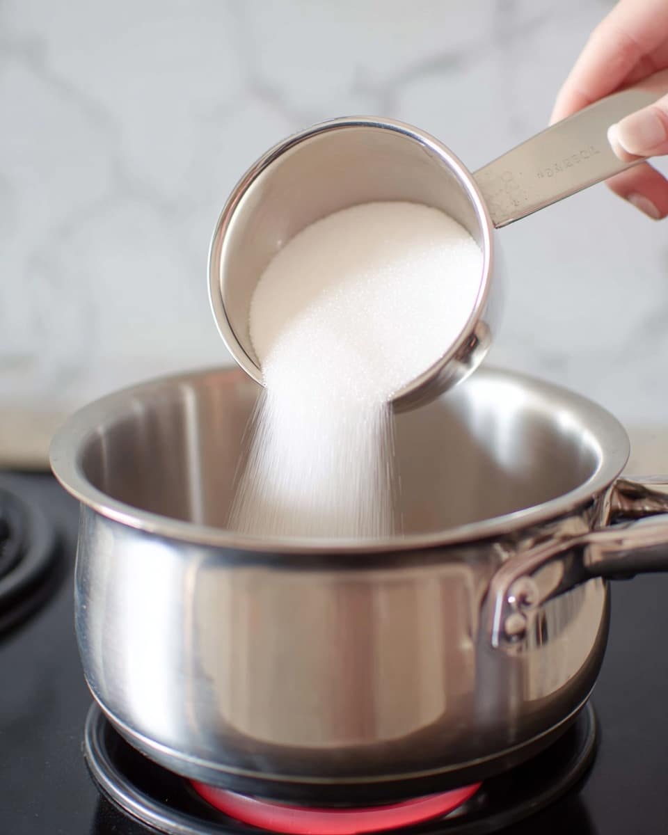 A close-up image shows a white metal measuring cup pouring white granulated sugar into a silver pot. The sugar forms a smooth, flowing layer from the cup into the pot below. The pot is placed on a stovetop that glows with a red heating element. A blurred woman's hand holds the measuring cup steadily over the pot. The background features a white marbled texture surface. photo taken with an iphone --ar 4:5 --v 7