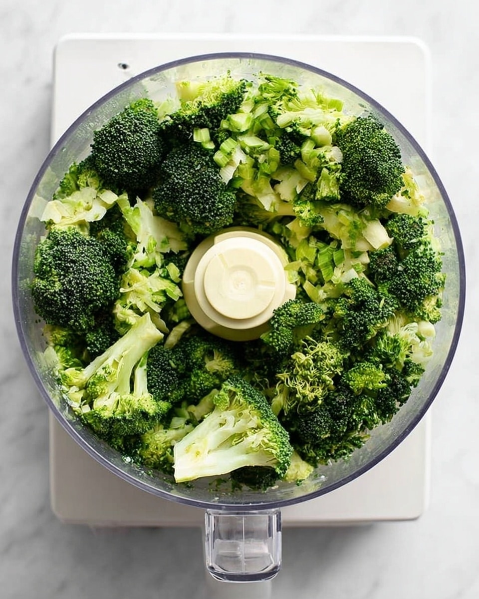 A clear container filled with green broccoli florets, some larger pieces, some smaller chopped bits, all inside a food processor with a white base, placed on a white marbled surface. The broccoli pieces show a mix of dark green crowns and lighter green stems, with the inner blade cover visible in the center of the container. The clear lid reveals all details of the broccoli inside, and the food processor's handle is slightly visible at the bottom. Photo taken with an iphone --ar 4:5 --v 7