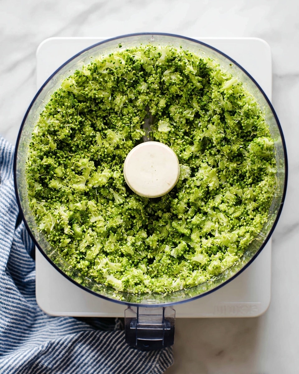 A clear round food processor bowl filled with finely chopped bright green broccoli pieces, showing a mix of small soft and slightly chunky textures evenly spread inside. The bowl is on a white square base on a white marbled surface, with a blue and white striped cloth partially visible at the bottom left corner. The photo is taken from above, capturing the clean and fresh look of the chopped broccoli. photo taken with an iphone --ar 4:5 --v 7