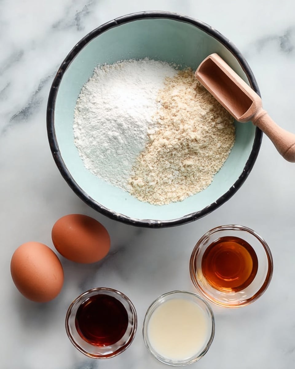 A light blue bowl with a black rim sits on a white marbled surface filled with three different dry ingredients in separate sections: a fine white powder on the left, a light brown grainy powder on the right, and a beige crumbly powder at the top, with a wooden scoop resting on the top section. Below the bowl, on the white marble surface, there are two whole brown eggs placed side by side on the left, and three small glass bowls arranged in a loose triangle, filled with dark amber liquid, a lighter brown liquid, and a creamy white liquid respectively. Photo taken with an iphone --ar 4:5 --v 7