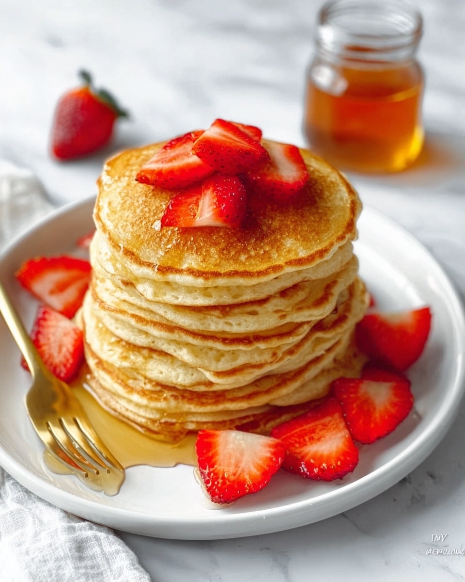 A tall stack of six golden-brown pancakes sits on a white plate with smooth edges, placed on a white marbled surface. Each pancake is fluffy and slightly thick, with light crisp edges. On top of the stack, there are slices of fresh red strawberries arranged neatly. More strawberry slices are placed around the base of the stack on the plate. Near the plate, there is a glass jar filled with amber-colored syrup and a golden fork resting beside the plate. The colors are warm and inviting, showing a soft light reflecting gently off the pancakes and syrup. Photo taken with an iphone --ar 4:5 --v 7