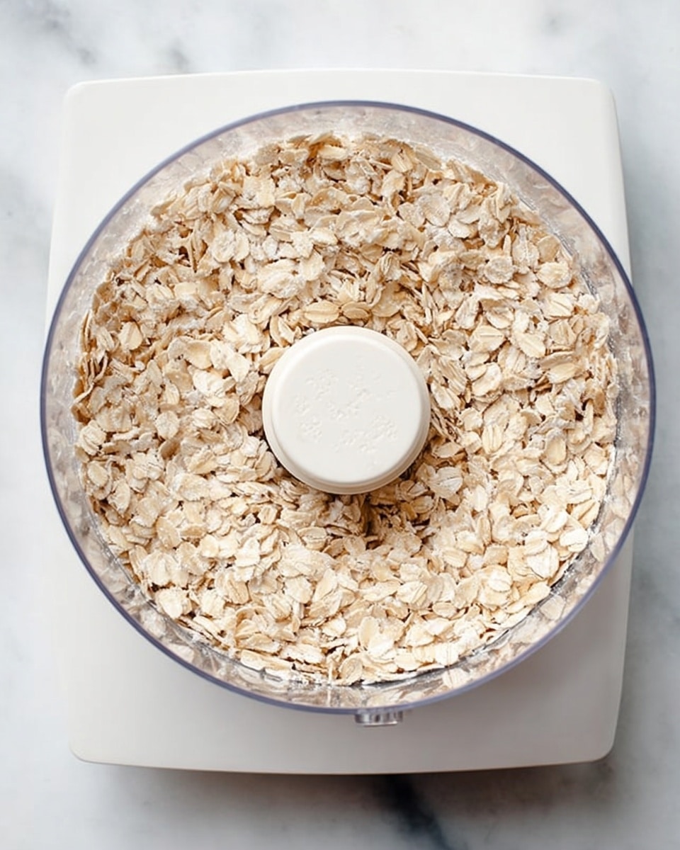 A top view of a white food processor bowl filled with light beige rolled oats. The oats have a rough, flaky texture and are spread evenly inside the transparent lid of the processor. The food processor base is white, sitting on a white marbled surface. Photo taken with an iphone --ar 4:5 --v 7