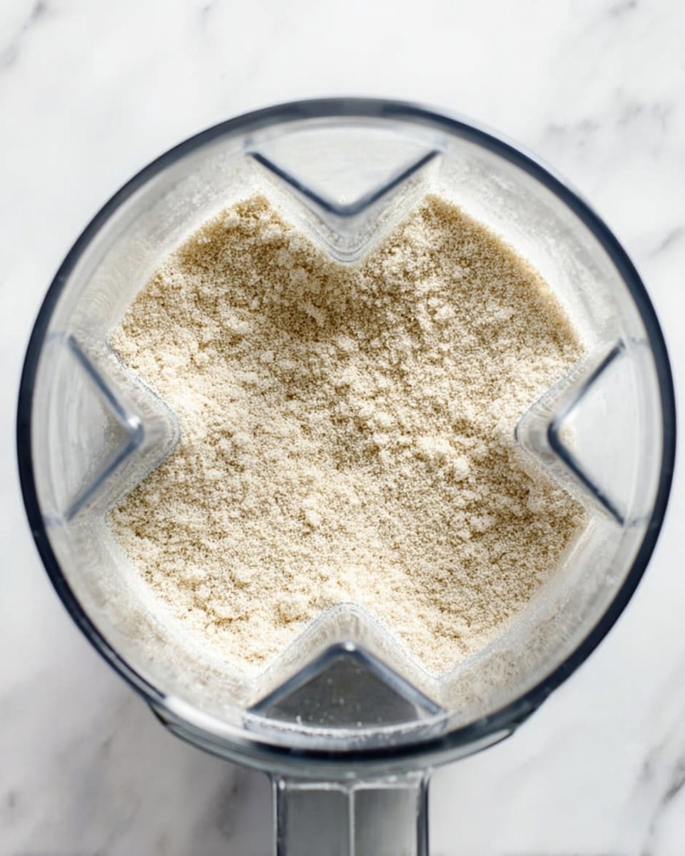A top-down view of a clear blender jar filled with a single layer of finely ground light beige powder that covers the entire bottom surface evenly. The jar has four raised triangular sections around the center, visible through the powder. The background is a white marbled texture. photo taken with an iphone --ar 4:5 --v 7