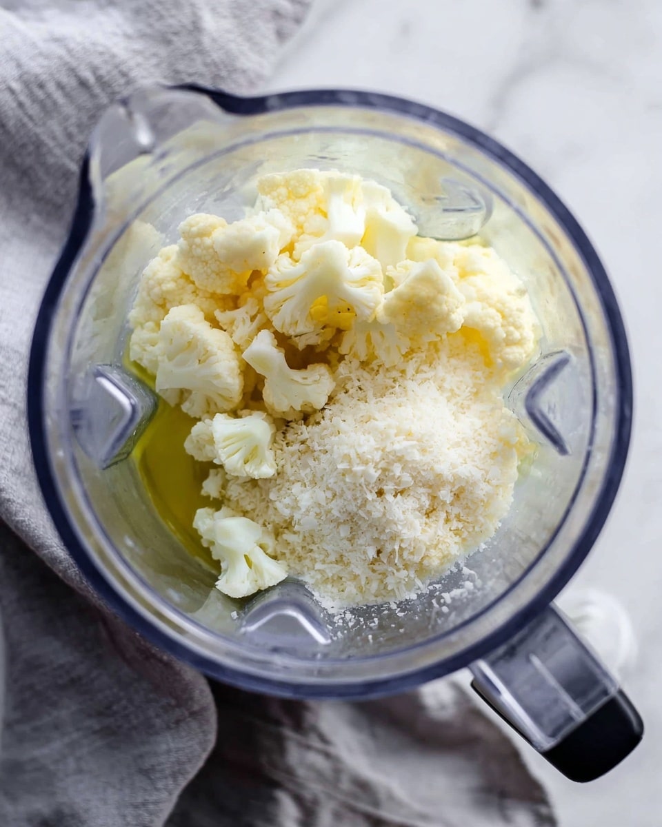 A clear blender jar holds a mixture of light yellow cauliflower florets and a mound of finely grated white cheese on one side, with a small pool of pale yellow oil visible beneath them. The blender is placed on a soft gray cloth, resting on a white marbled surface, capturing a bright, natural light that highlights the different textures and soft colors inside the jar. Photo taken with an iphone --ar 4:5 --v 7