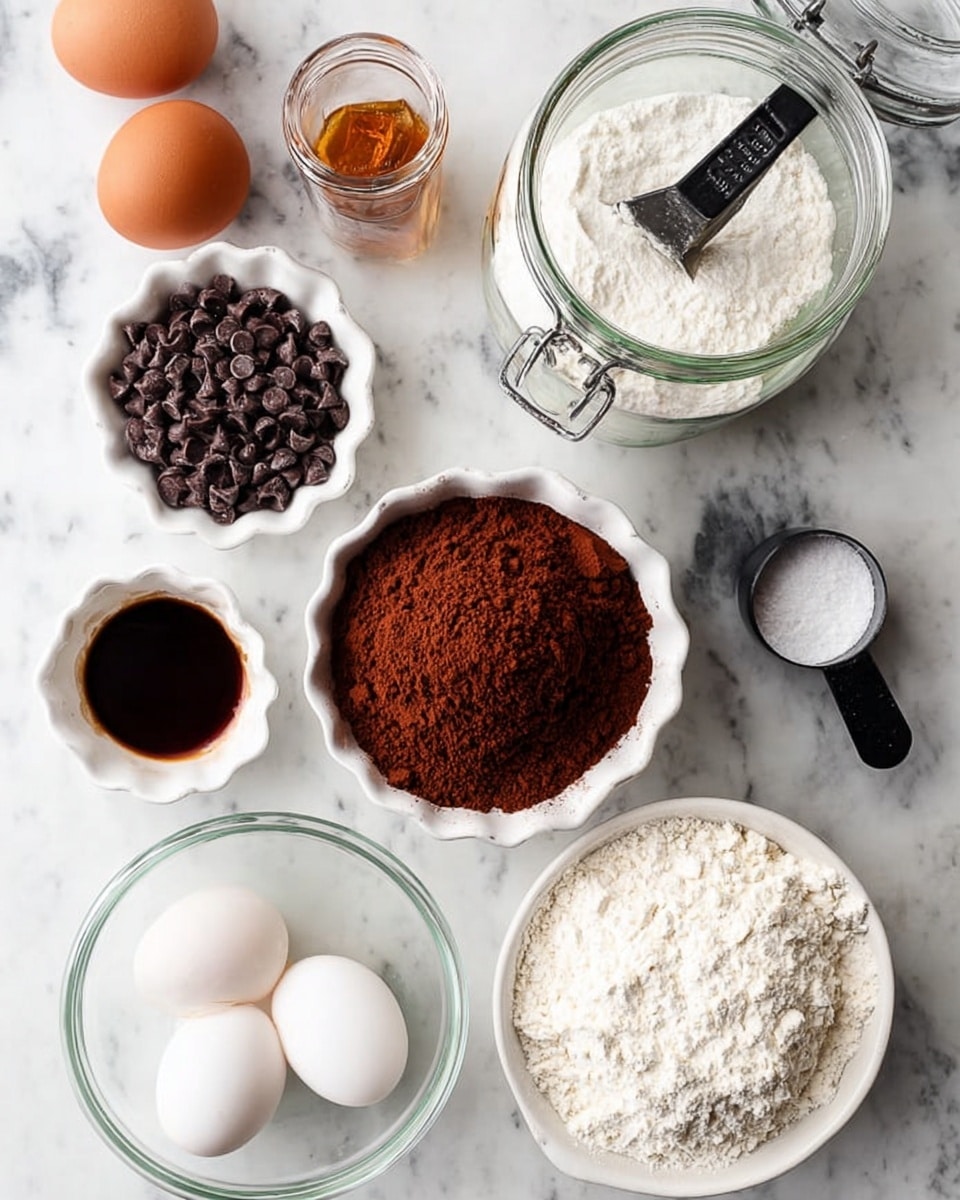 The image shows several baking ingredients neatly arranged on a white marbled surface. There are two brown eggs on the left side next to a small white bowl filled with dark brown vanilla extract. Above these is a small white scalloped bowl filled with dark chocolate chips. In the center is a white bowl containing rich, dark brown cocoa powder. To the right of this is a white bowl with a pile of white flour that has a small spoon sticking out. Behind that bowl is a glass jar with clasps filled with white powdered sugar and a black measuring scoop. Another similar jar beside it holds granulated sugar and also contains a black measuring scoop. In front, at the bottom center, is a clear glass bowl filled with transparent egg whites. The overall color contrast is warm browns and whites, with smooth and powdery textures. photo taken with an iphone --ar 4:5 --v 7