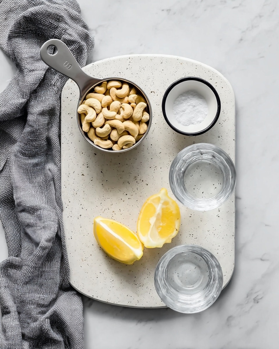 A white speckled cutting board is placed on a white marbled surface with a gray cloth draped on the left side. On the board, from top left to bottom right, there is a metal measuring cup filled with light beige cashew nuts, a small white bowl with a black rim containing white salt, two yellow lemon wedges placed side by side near the bottom left, and a clear glass of water at the bottom right. photo taken with an iphone --ar 4:5 --v 7