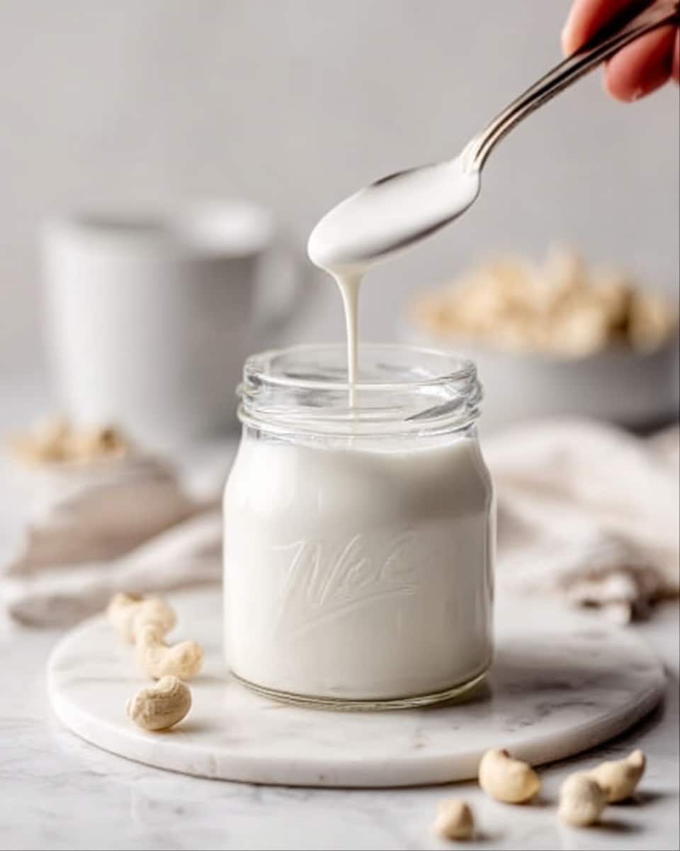 The image shows a small clear glass jar filled with smooth white yogurt, placed on a white marbled surface. Above the jar, a spoon held by a woman's hand is dripping thick white yogurt down into the jar. Around the jar, there are a few scattered light beige cashew nuts. In the blurred background, there is a white cup and a white bowl also containing cashew nuts. The overall scene looks clean and soft with bright natural light. photo taken with an iphone --ar 4:5 --v 7