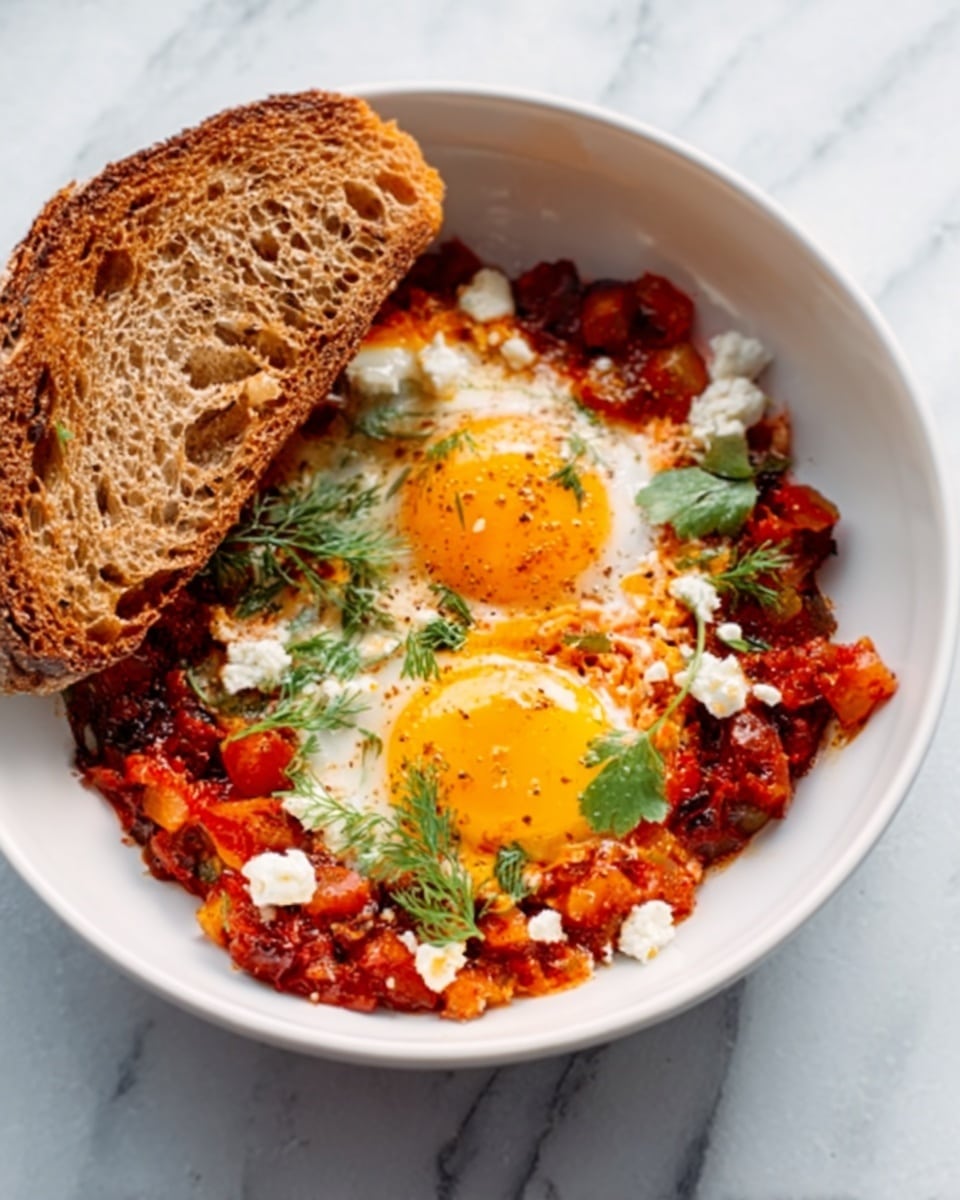 A white bowl holds a layered dish with a bottom layer of red chunky sauce mixed with pieces of cooked vegetables and small bits of white cheese scattered on top. On top of this, there are two cooked eggs with soft, shiny yolks, each surrounded by slightly firm egg whites. Fresh green herbs are sprinkled around the eggs for color, and a thick slice of brown bread leans on the bowl's side. The bowl is placed on a white marbled surface. Photo taken with an iphone --ar 4:5 --v 7