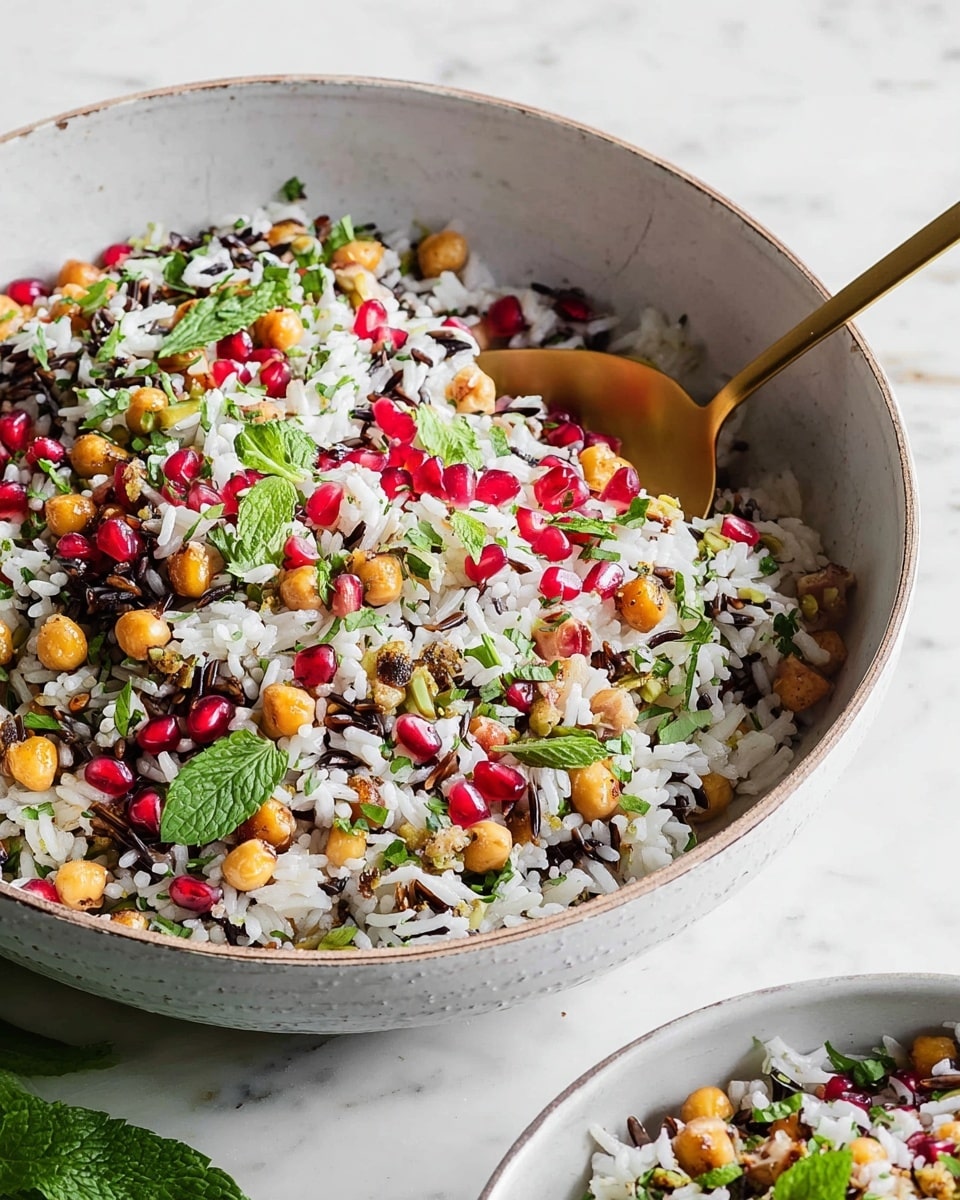 A large white ceramic bowl filled with mixed rice salad, showing one main layer of white rice mixed with scattered black wild rice grains, bright red pomegranate seeds, golden roasted chickpeas, chopped green herbs, and mint leaves. A gold spoon is partially inserted into the bowl on the right side, lifting some of the colorful mix. The bowl sits on a white marbled surface with a few mint leaves nearby, creating a fresh and vibrant look. photo taken with an iphone --ar 4:5 --v 7