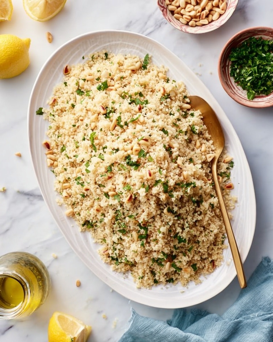A large white oval plate holds a mound of light beige couscous mixed with small green parsley bits and lightly scattered pine nuts on top, creating a speckled texture. A golden spoon rests on the right side inside the couscous, partially sunk into the grains. The plate is placed on a white marbled surface, with a few lemon halves on the left, a small glass jar of yellow olive oil near the bottom left, and two smaller bowls at the top right—one filled with chopped green herbs and the other with pine nuts. A light blue cloth is partly visible near the bottom right corner. photo taken with an iphone --ar 4:5 --v 7