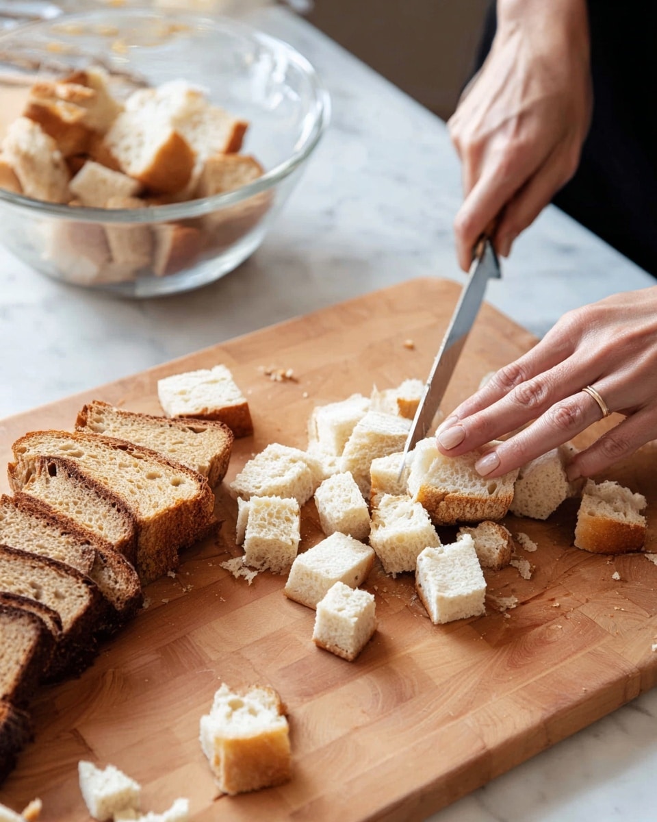 The image shows a close-up of a woman's hands cutting a light-colored bread loaf into small, uneven cubes on a wooden cutting board. To the left, there are several slices of darker bread arranged in a slightly messy stack. The bread being cut has a soft inside with a golden brown crust, and some pieces are scattered around the board. In the background, there is a glass bowl with more bread pieces placed on a surface with a white marbled texture. Photo taken with an iphone --ar 4:5 --v 7