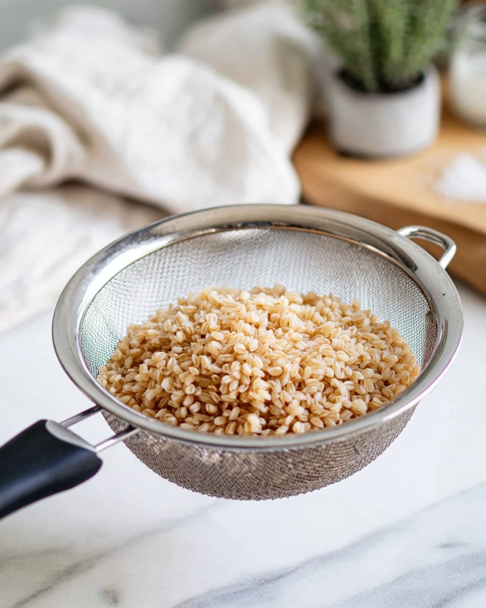A silver metal strainer filled with light brown cooked grains, showing a soft and slightly shiny texture. The strainer has a black handle on the left side and is held mid-air against a soft white marbled surface in the background, with a blurred white cloth and some small kitchen plants visible behind it. The grains look plump and well-cooked, forming one main layer inside the strainer, which is round and mesh-like. photo taken with an iphone --ar 4:5 --v 7