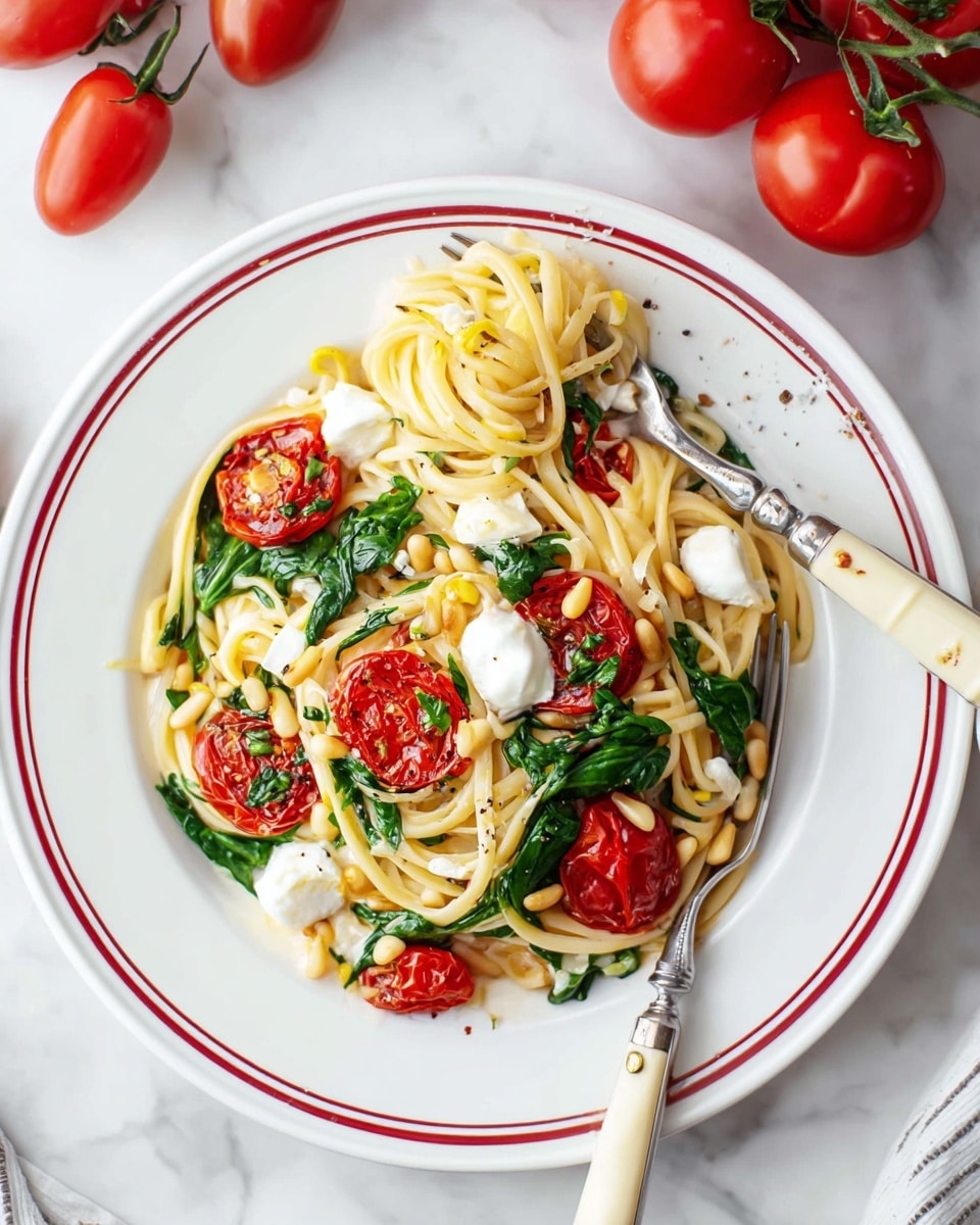 A white plate with two thin red rings around the edge holds a serving of linguine pasta. The pasta is light yellow and soft, mixed with bright red roasted cherry tomato halves scattered on top. Fresh green spinach leaves and small pine nuts are spread among the pasta. Small white dollops of soft cheese are placed around the plate. A fork with a cream-colored handle rests on the side of the plate, with strands of pasta gathered on its prongs. The plate sits on a white marbled surface with a few fresh red tomatoes partially visible nearby. Photo taken with an iphone --ar 4:5 --v 7