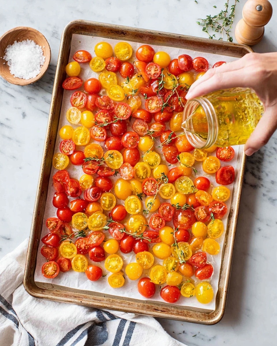 A baking tray lined with parchment paper is filled with two layers of halved cherry tomatoes, bright red and yellow, spread evenly across the surface. Thin sprigs of fresh green thyme are placed intermittently on top of the tomatoes. A woman's hand is pouring golden olive oil over the tomatoes from a small clear glass jar. The tray is set on a white marbled surface, with a small wooden bowl of coarse salt and a light wooden pepper mill visible nearby, along with a white and navy striped cloth. photo taken with an iphone --ar 4:5 --v 7
