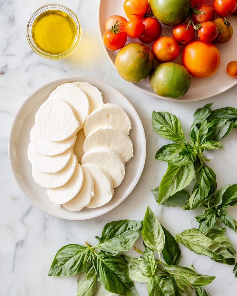 The image shows a white round plate with two types of white cheese slices arranged closely together, one stack with slightly larger slices and the other with slightly smaller, rounded slices, placed in the lower left part of the frame. Above the plate, there is a small glass jar filled with yellow olive oil. To the upper right, a white round plate holds a variety of colorful tomatoes in shades of red, green, and orange. Spread across the right side and bottom, fresh green basil leaves with visible veins and texture lie scattered on a white marbled surface. The overall scene is bright and fresh, with a clean and simple food arrangement. photo taken with an iphone --ar 4:5 --v 7