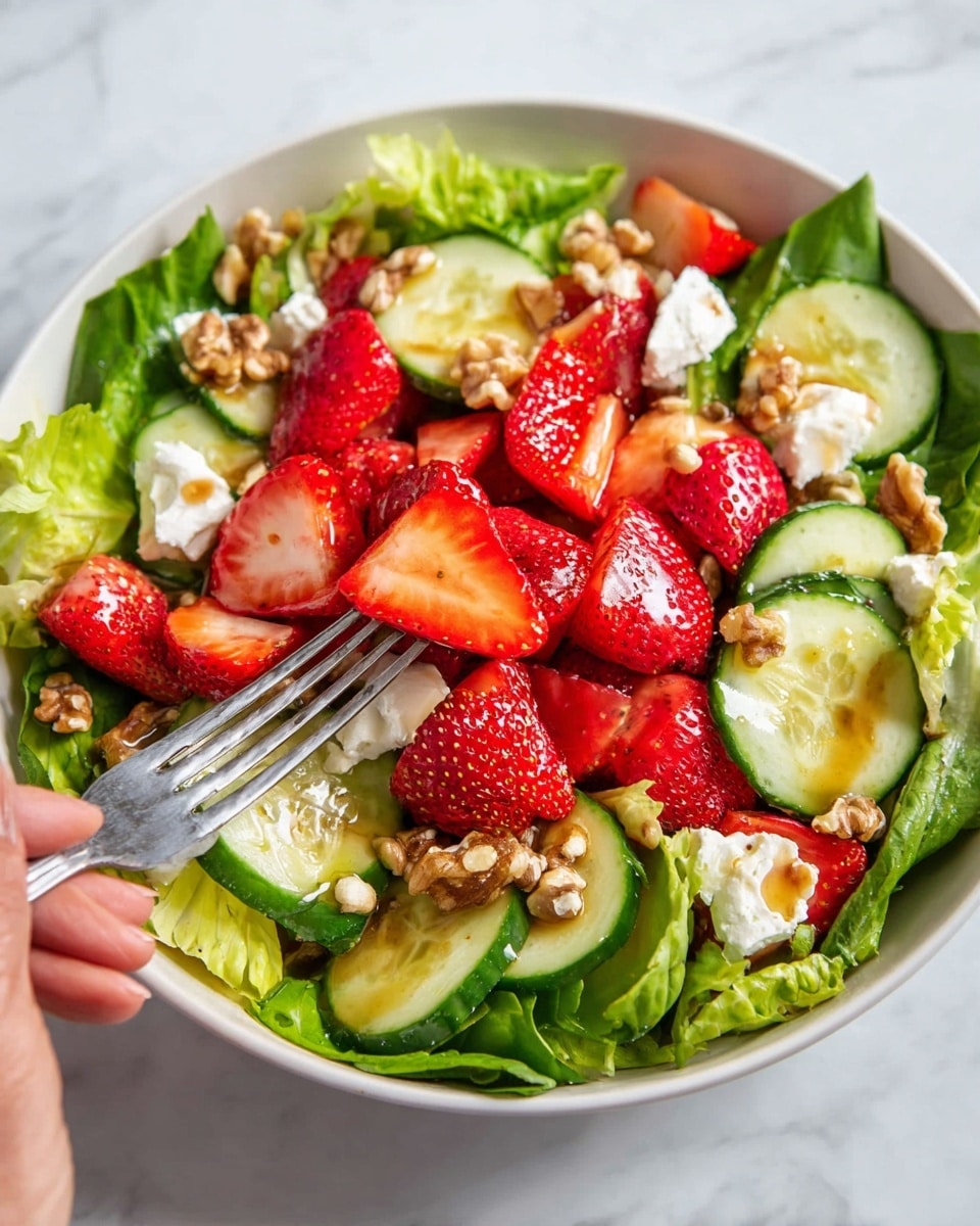 A fresh salad presented in a white bowl on a white marbled surface, starting with a base layer of bright green lettuce leaves around the edges. On top of the lettuce, there are thin, pale green cucumber slices arranged in small groups among large, glossy, red strawberry halves and quarters that dominate the middle area. Scattered around are chunks of crumbly white cheese, adding soft texture contrast. Whole walnut halves with a light brown, textured surface are distributed evenly, adding depth and earthiness. A woman's hand is holding a fork that is spearing one strawberry and some cucumber near the center. The salad is lightly drizzled with a light golden dressing that gives a slight sheen to the ingredients. Photo taken with an iphone --ar 4:5 --v 7