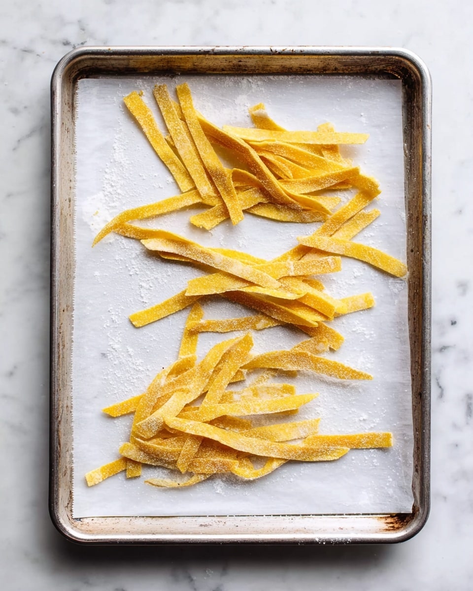 A silver baking tray lined with white parchment paper sits on a white marbled surface. On the parchment paper are several uneven strips of uncooked yellow corn tortilla, sprinkled lightly with a dusting of flour or cornmeal. The strips are scattered in three small loose groups across the tray, showing rough textures and slight curl on some edges. Photo taken with an iphone --ar 4:5 --v 7