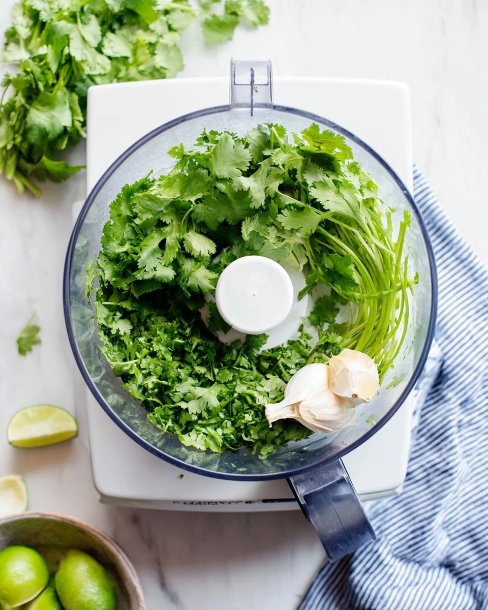 The image shows a white food processor on a white marbled surface, viewed from above. Inside the clear bowl of the food processor, there is a layer of fresh green cilantro with leafy tops and stems, along with a single peeled white garlic clove resting near the bottom. To the right side of the food processor, there is a blue and white striped cloth. In the bottom left corner, a small bowl holds halved and sliced green limes. Photo taken with an iphone --ar 4:5 --v 7