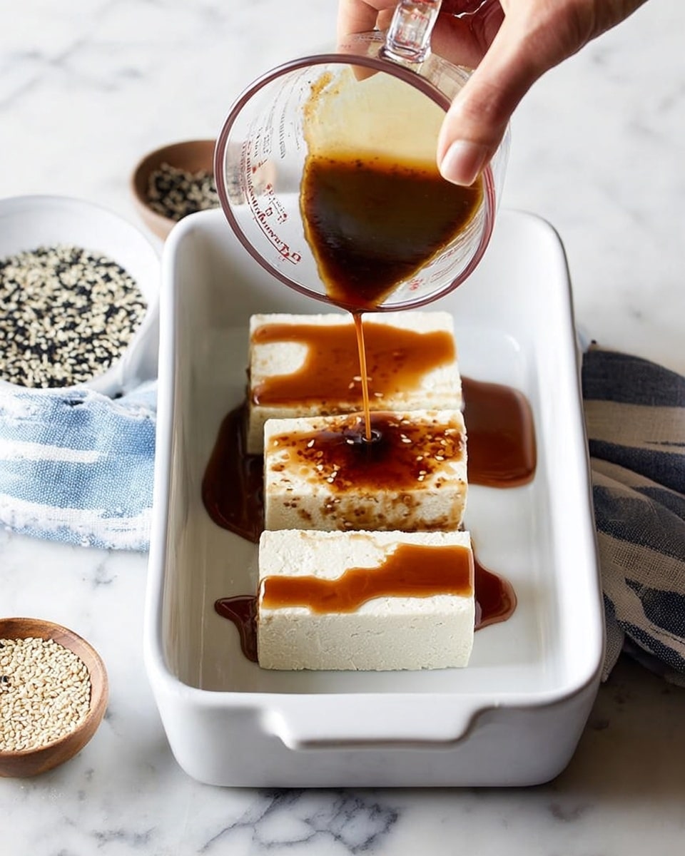 A white rectangular baking dish holds three large white rectangular blocks stacked side by side, each topped with a smooth brown sauce being poured from a transparent glass measuring cup held by a woman's hand. The background is a white marbled surface. To the left of the dish, there is a white bowl with black and white sesame seeds, and a blue cloth with white stripes lies next to it. At the bottom near the dish, a small round container with more sesame seeds is partially visible. Photo taken with an iphone --ar 4:5 --v 7