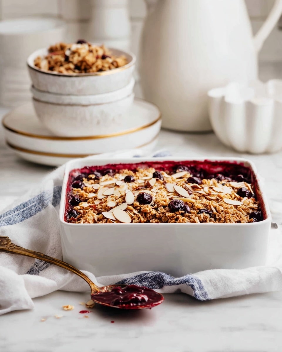A white square baking dish filled with a layered dessert featuring a deep red berry base, topped with a crunchy golden granola layer mixed with whole dark purple berries and toasted sliced almonds spread evenly over the top. Behind the dish, there is a white bowl stacked on another bowl, both with a thin gold rim, containing more of the granola and berries. A gold spoon with some berry sauce rests on a white cloth with blue stripes that is draped in front of the dish. The scene is set on a white marbled surface with a white pitcher and a cream-colored scalloped bowl blurred in the background. Photo taken with an iphone --ar 4:5 --v 7