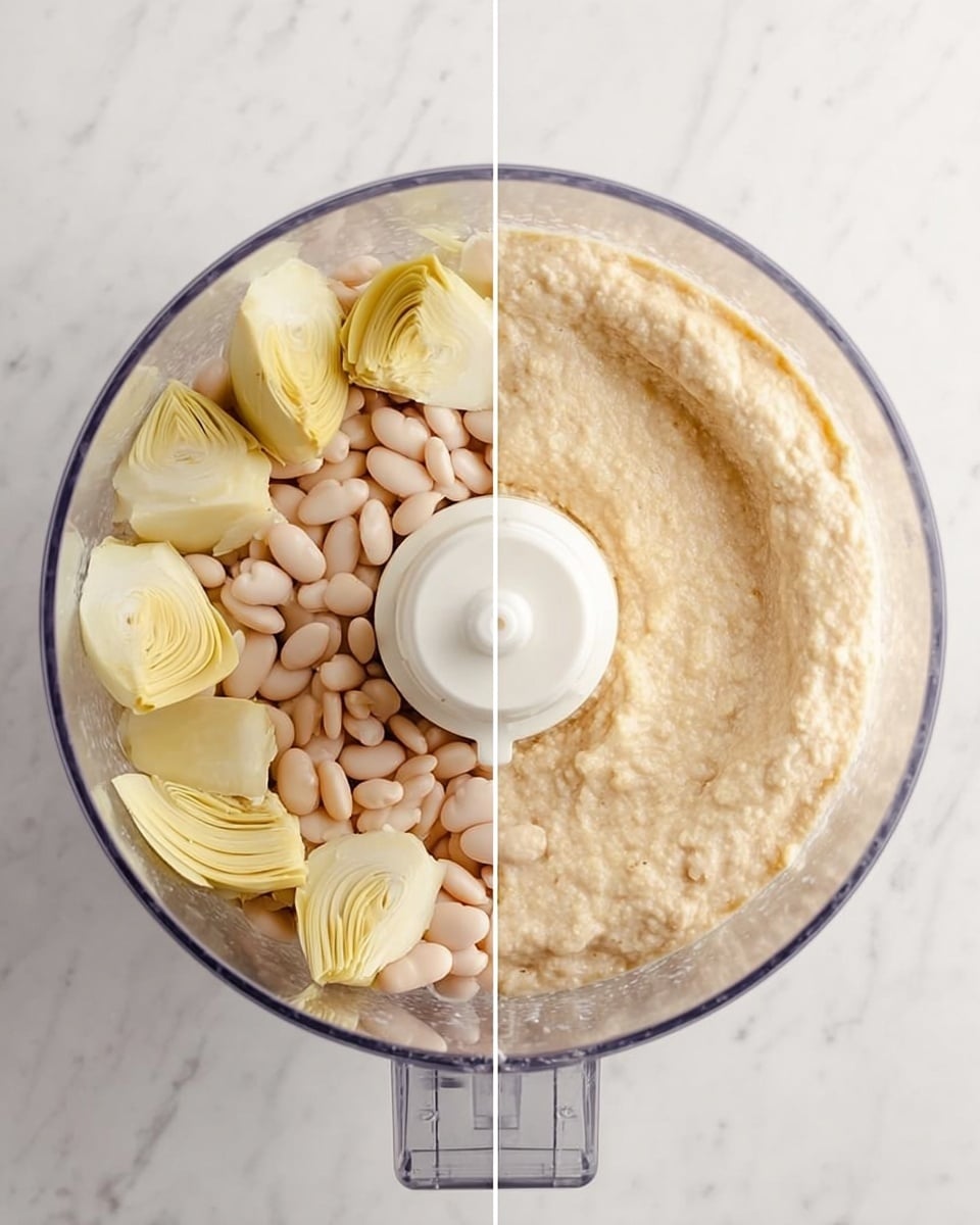 The image shows two views of a clear food processor bowl on a white marbled surface. The left side has three quartered pale yellow artichoke hearts and a large amount of light pinkish-white beans placed evenly around the central white blade. The right side shows the same bowl after blending, now filled with a creamy beige mixture with a smooth, slightly textured surface and the central white blade visible in the middle. Photo taken with an iphone --ar 4:5 --v 7